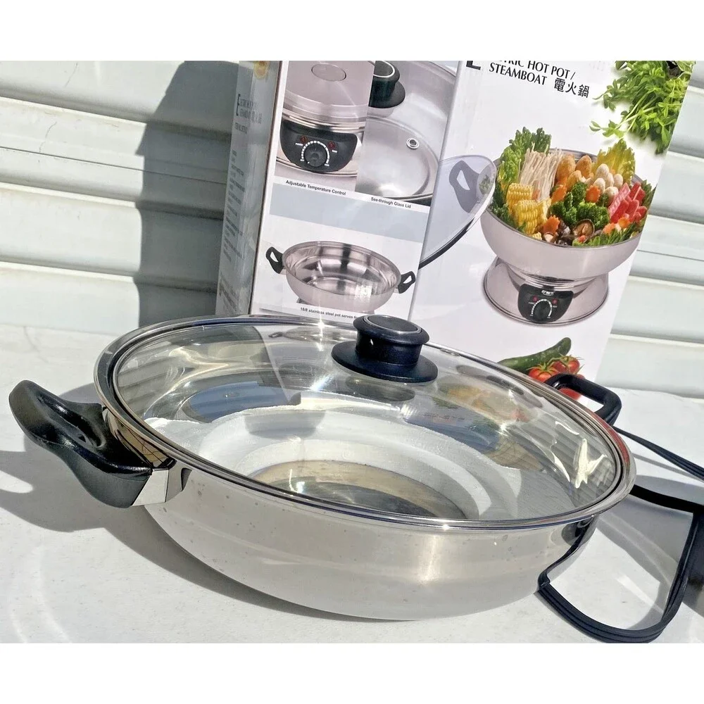 Electric Hot Pot Steamboat Stainless Steel w/Glass Lid 30 cm,  By Helperware